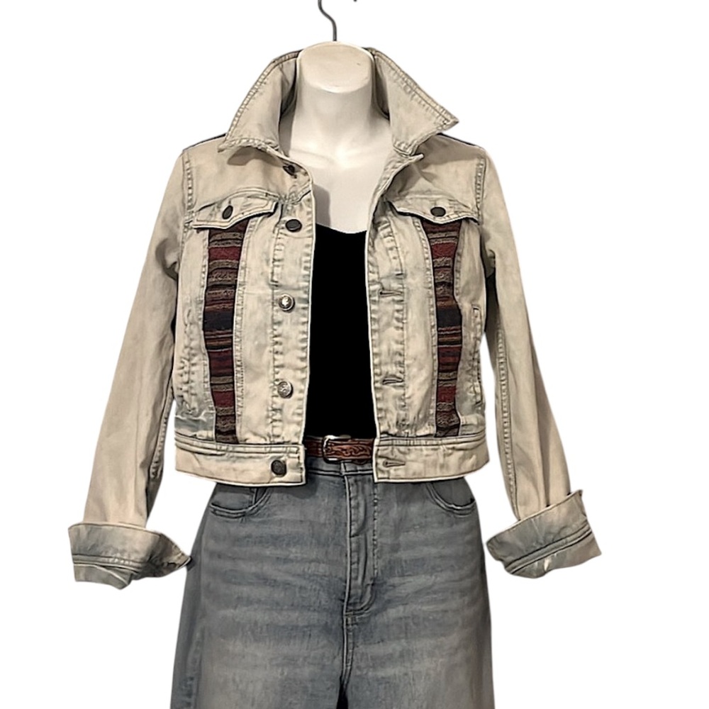 Free People Color-block Patchwork Boho Womans Cropped Denim Jean Jacket 2